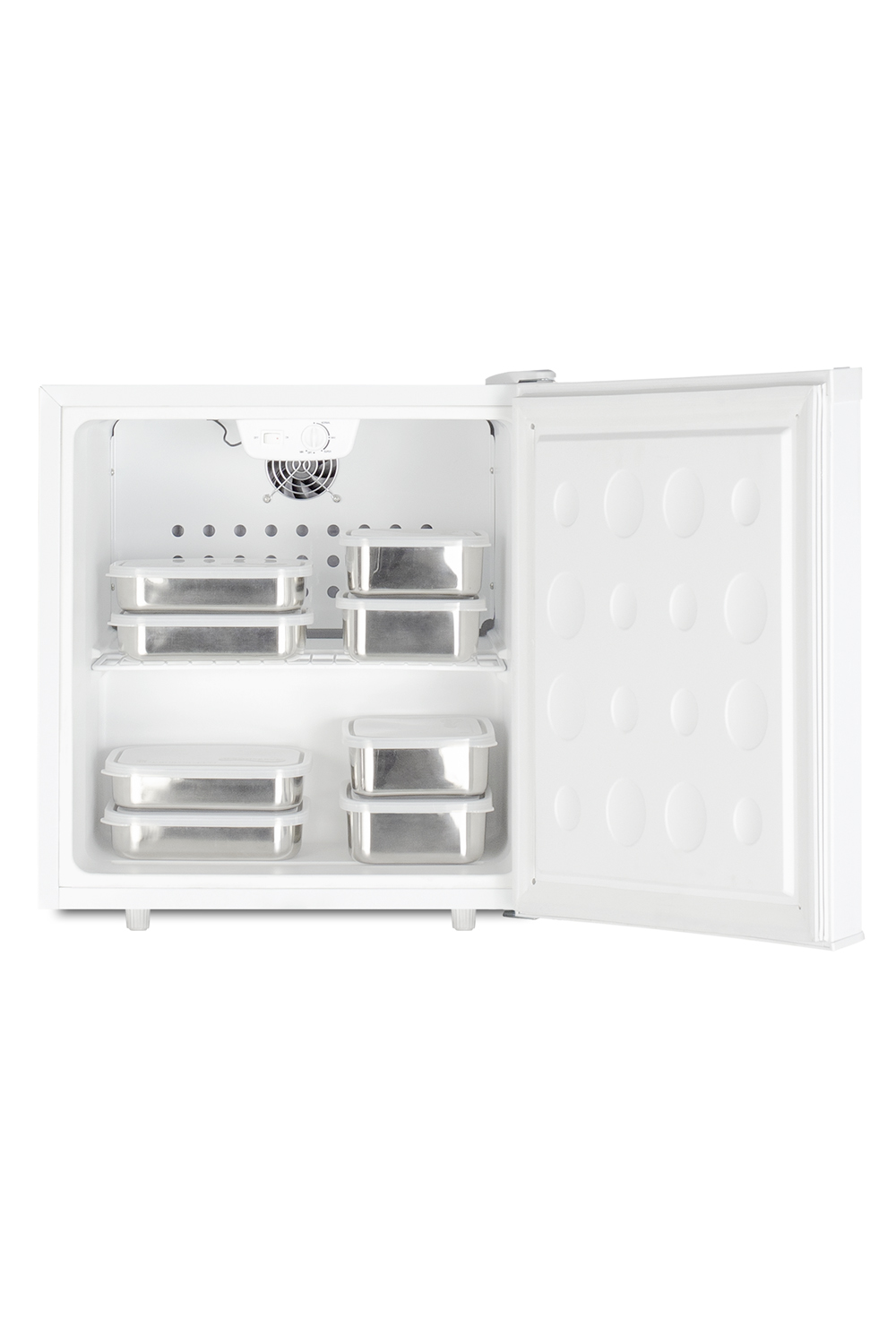 Compact 1.7 cu.ft. all-refrigerator in white designed to serve as an allergy-free storage zone, with automatic defrost, front lock, and a set of allergy warning magnets